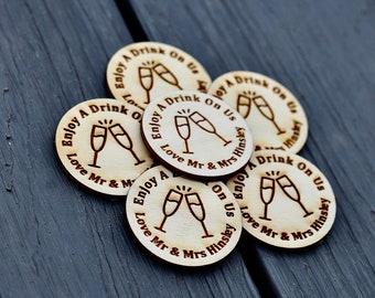 Personalised Birch Drink Tokens Wedding Favours Circles Party Celebration Wooden Champagne Glasses, enjoy a drink on us
