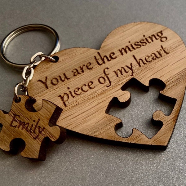 Personalised Oak Heart Keyring 5th Anniversary Jigsaw Puzzle Birthday Wooden Love Heart