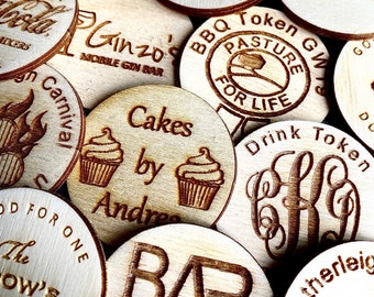 Personalised Birch Drink Tokens for Bar Pub Restaurant Company Circles Party Celebration Wooden Money Free Contactless Logos Business