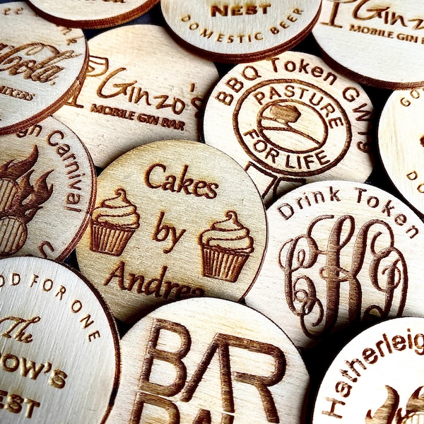 Personalised Birch Drink Tokens for Bar Pub Restaurant Company Circles Party Celebration Wooden Money Free Contactless