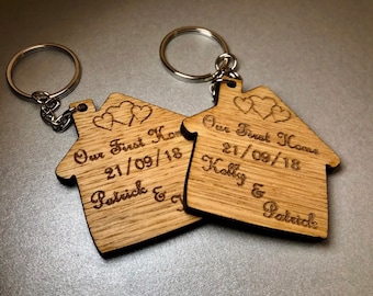 Set of 2 Personalised Oak Our First Home Keyrings Mr & Mrs House Warming Gift Wooden