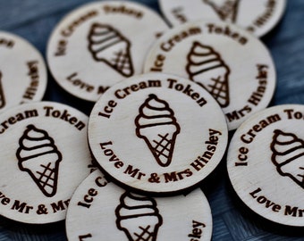 Personalised Birch Ice Cream Tokens Wedding Favours Circles Party Celebration Wooden Ice Cream Cone