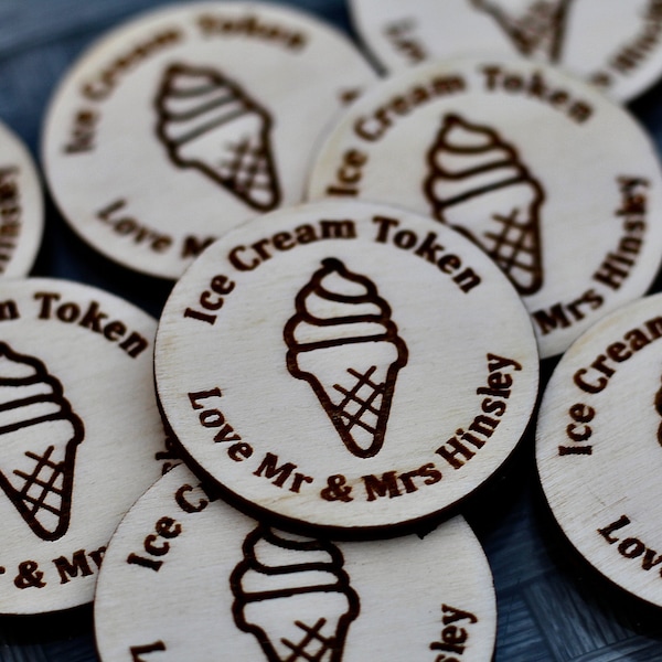 Personalised Birch Ice Cream Tokens Wedding Favours Circles Party Celebration Wooden Ice Cream Cone