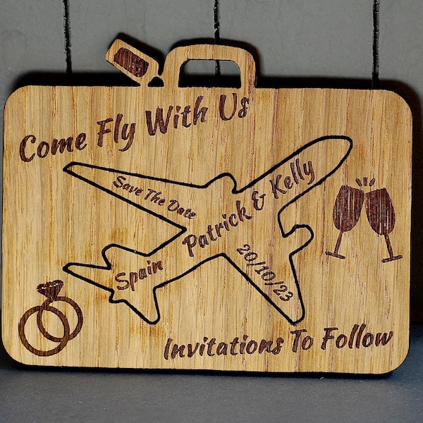 Wooden Destination Wedding Magnetic Save the Date, Oak Or Birch, Abroad, Travel Bag Style Suitcase, Come fly with us, Rustic Invitations