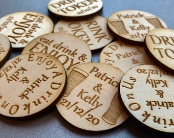 Personalised Birch Drink Tokens Wedding Favours Circles Party Celebration Wooden