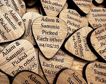 PERSONALISED GUITAR PLECTRUM Oak Music Themed Wedding Table Confetti Gift Favours Birthday Party Celebration Scatter Wooden