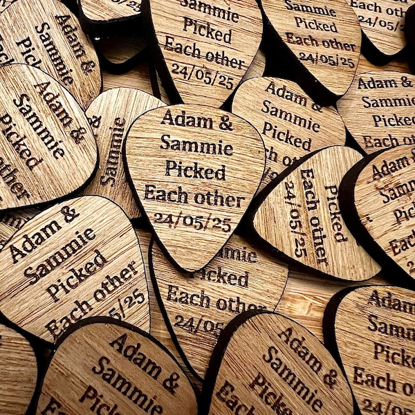 PERSONALISED GUITAR PLECTRUM Oak Music Themed Wedding Table Confetti Gift Favours Birthday Party Celebration Scatter Wooden