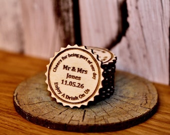 Sustainable Personalised Birch Bottle Top Drink Tokens Event Wedding Favours Circles Party Celebration Wooden Mr & Mrs