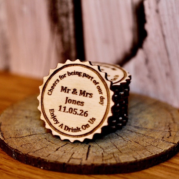 Sustainable Personalised Birch Bottle Top Drink Tokens Event Wedding Favours Circles Party Celebration Wooden Mr & Mrs