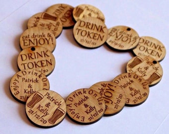 Personalised Oak Drink Tokens Wedding Favours Circles Party Celebration Wooden