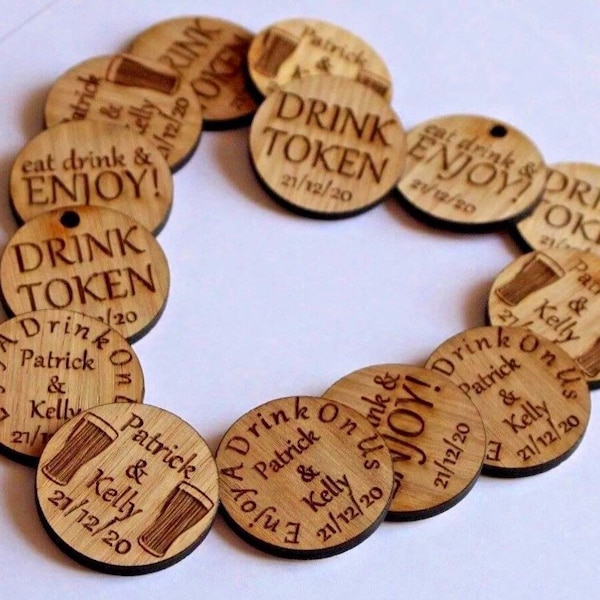 Personalised Oak Drink Tokens Wedding Favours Circles Party Celebration Wooden