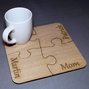 Personalised Family Set Of Four Oak Wood Rustic Jigsaw Puzzle Coasters Christmas