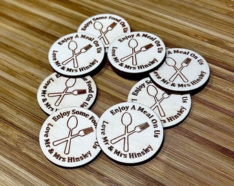 Personalised Birch Food Tokens For Wedding Favours Circles Party Celebration Wooden Businesses logo Drink