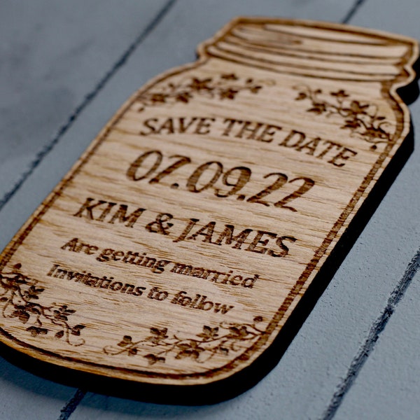 Oak Jar Save The Date bruiloft magneten, Mason Jar houten magneet uitnodigingen, rustieke bruiloft, betaalbare zomerbloemen