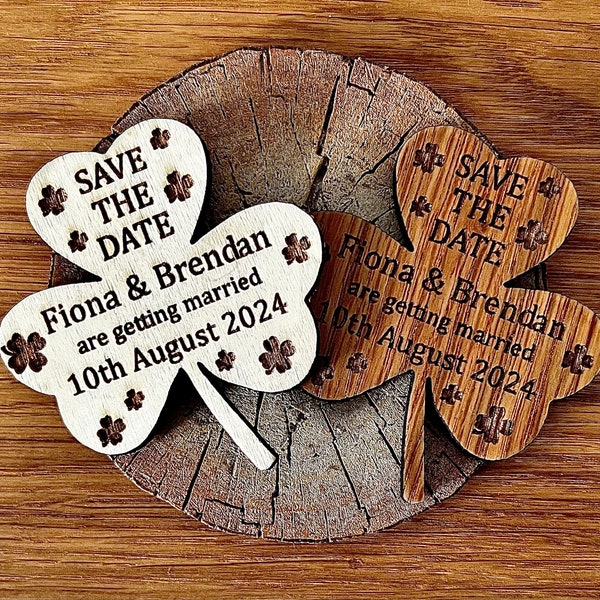 Wooden Shamrock Wedding Magnetic Save the Date, Oak Or Birch, Irish, Rustic Invitations, Wedding Favours, Party