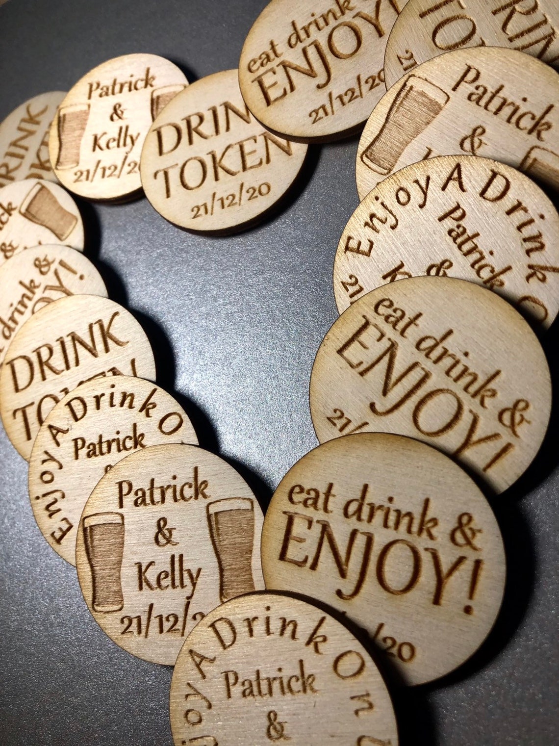 Personalised Birch Drink Tokens Wedding Favours Circles party ...