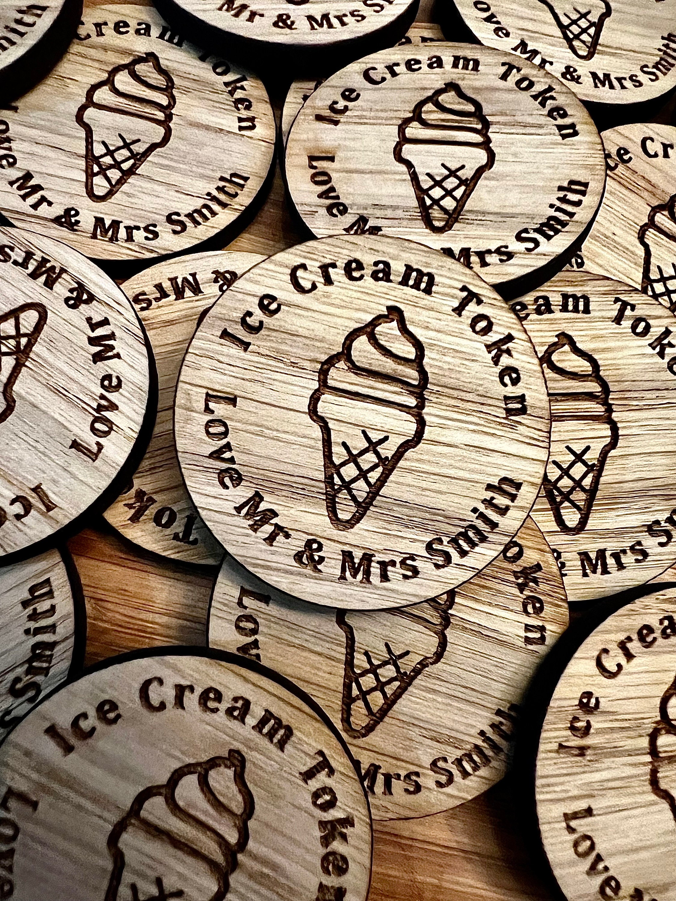 Personalised Oak Ice Cream Tokens Wedding Favours Circles Party Celebration Wooden Ice Cream Cone