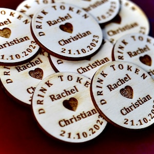 Sustainable Personalised Birch Drink Tokens Event Wedding Favours Circles Party Hearts Celebration Wooden Mr & Mrs