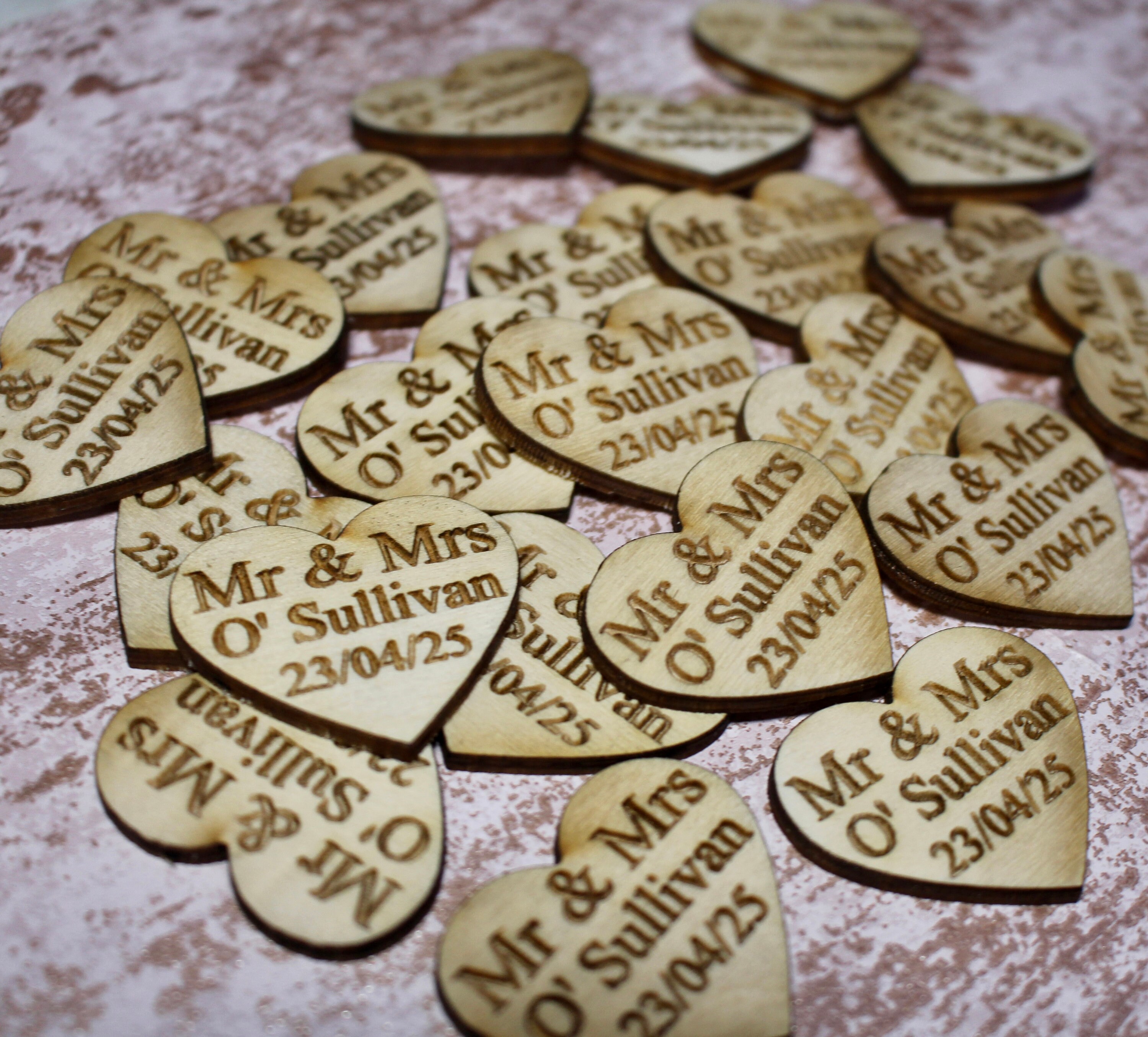 Personalised Double Sided Wooden Hearts – 4cm Natural Wood Table Decorations For Weddings & Party Favours, UK Made