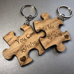 Personalised Wedding Day Gift 2x Jigsaw Puzzle Oak Keyring Anniversary Christmas Valentine&#39;s Day You Complete Me