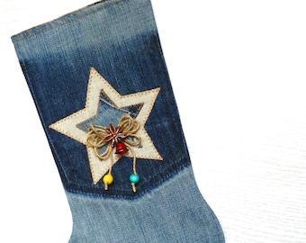 Upcycled Denim Christmas Stocking With Star Application, Handmade Blue Jean Christmas Stocking, Western Xmas Stockings, Holiday Denim Decor