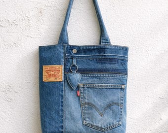 Upcycled Denim Tote Bag with Front Pocket & Heart Keychain, Recycled Jeans Shoulder Bag, Handmade Eco Friendly Purse, Patchwork Denim Tote