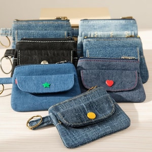Recycled Denim Coin Purse Keychain: Handmade Jeans Card Wallet