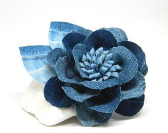 Handmade Denim Rose Brooch: Upcycled Dark Blue Jeans Jewelry