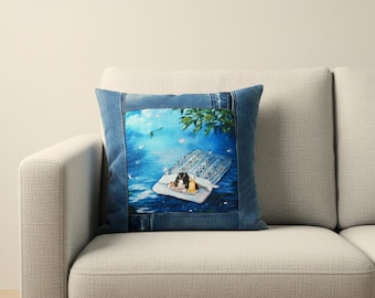 Upcycled Denim Patchwork Pillow - Jean Pocket Throw Pillow