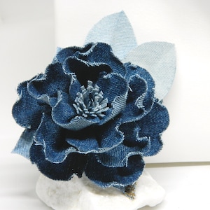 Blue Denim Flower Dress Brooch, Jeans Flower Pin, Handmade Textile Brooch, Cotton Rose Corsage, Upcycled Denim Flower, Denim Rosette