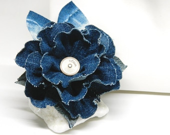 Handcrafted Denim Rose Pin: Recycled Jeans Flower Brooch