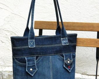 Upcycled Denim Tote Bag, Recycled Jeans Shoulder Bag, Handmade Blue Jean Purse with Zipper, Sustainable Denim Shoulder Bag, Work Tote Bag
