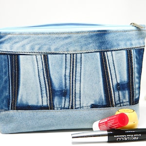 Recycled Denim Zippered Travel Pouch, Handmade Fabric Toiletry Case, Denim Patchwork Purse, Jeans Casual Makeup Bag, Denim Cosmetic Bag