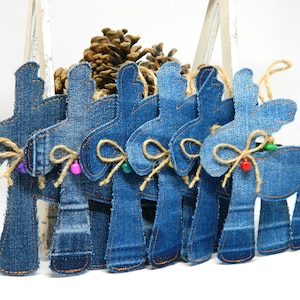 Décoration de Noël orignal en denim recyclé, décoration de cerf en tissu fait main, décoration de Noël à suspendre cerf, décoration de cabane de Noël