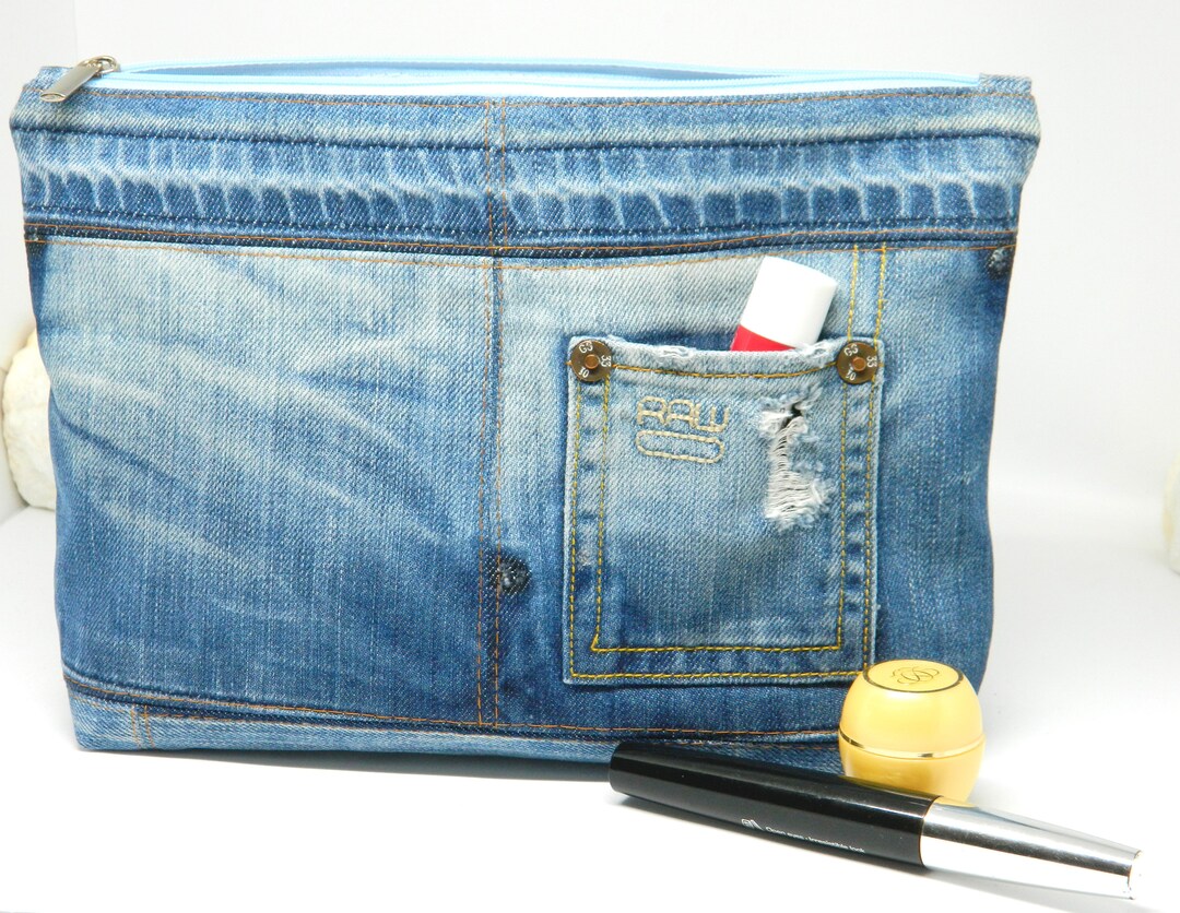 Handmade Recycled Blue Jeans Makeup Bag, Patchwork Denim Purse