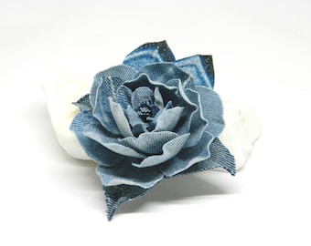 Blue Denim Rose Brooch: Upcycled Fabric Flower Pin, Boho Jewelry