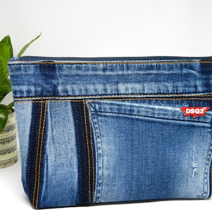 Recycled Denim Zippered Travel Pouch, Handmade Fabric Toiletry Case, Denim Patchwork Purse, Jeans Casual Makeup Bag, Denim Cosmetic Bag