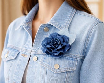 Handmade Upcycled Denim Rose Brooch: Textile Corsage, Jean Flower