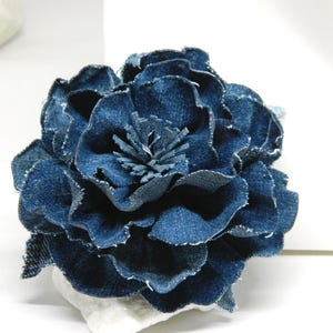 Upcycled Denim Blue Flower Brooch, Sustainable Textile Pin  display picture 1