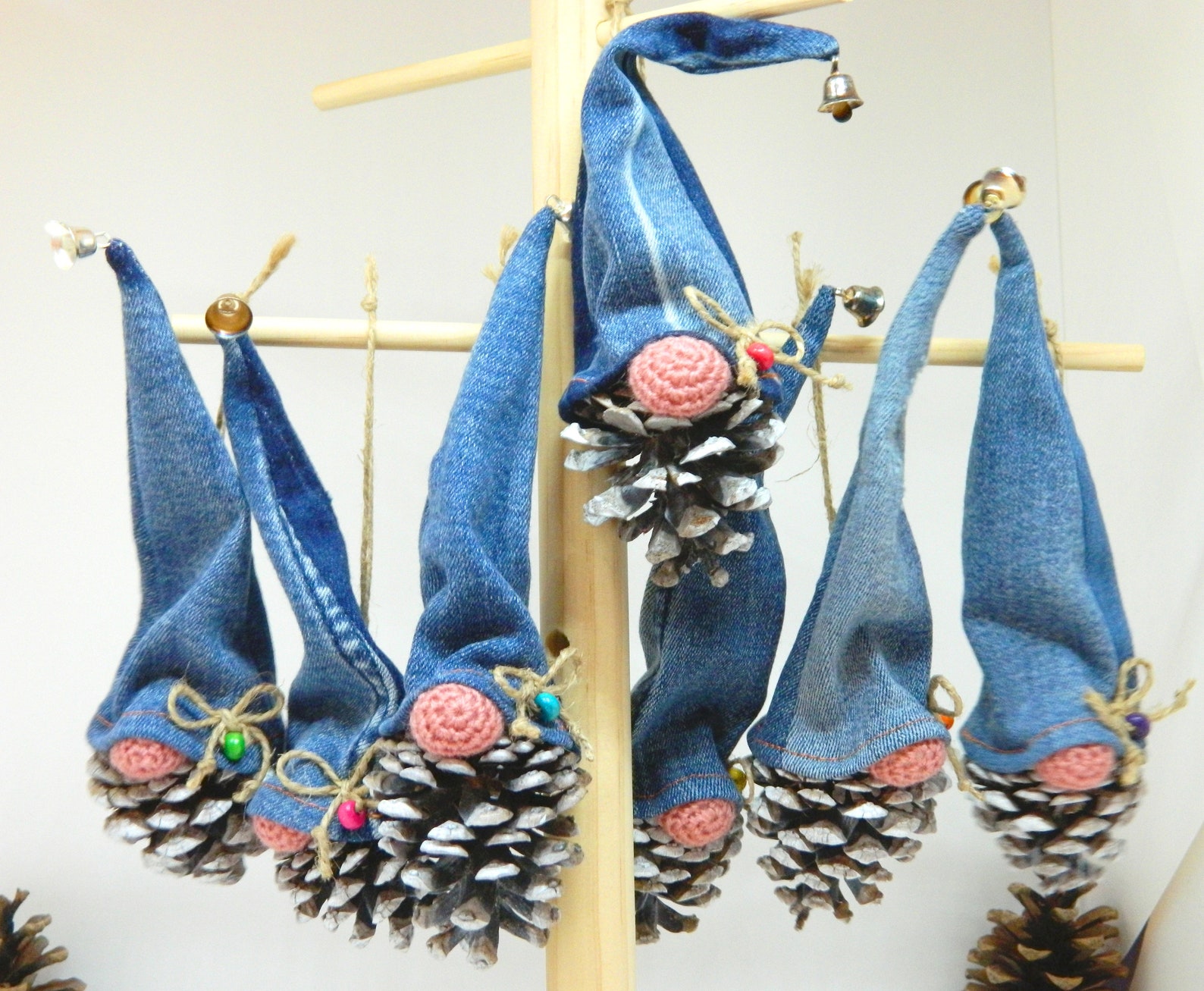 Upcycled Denim Hanging Christmas Gnomes Ornaments, Handmade Pine Cone