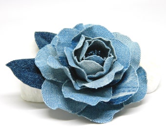 Jeans Blue Flower Brooch From Upcycled Denim, Handmade Jeans Rose Boutonniere, Blue Textile Flower Pin, Cotton Denim Fabric Jewelry Brooch