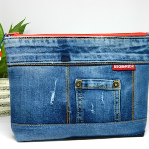 Monedero de mezclilla reciclado hecho a mano con cremallera, bolsa de patchwork de mezclilla, bolsa de cosméticos para jeans, bolsa de artículos de tocador informal de mezclilla, billetera de viaje con cremallera de mezclilla