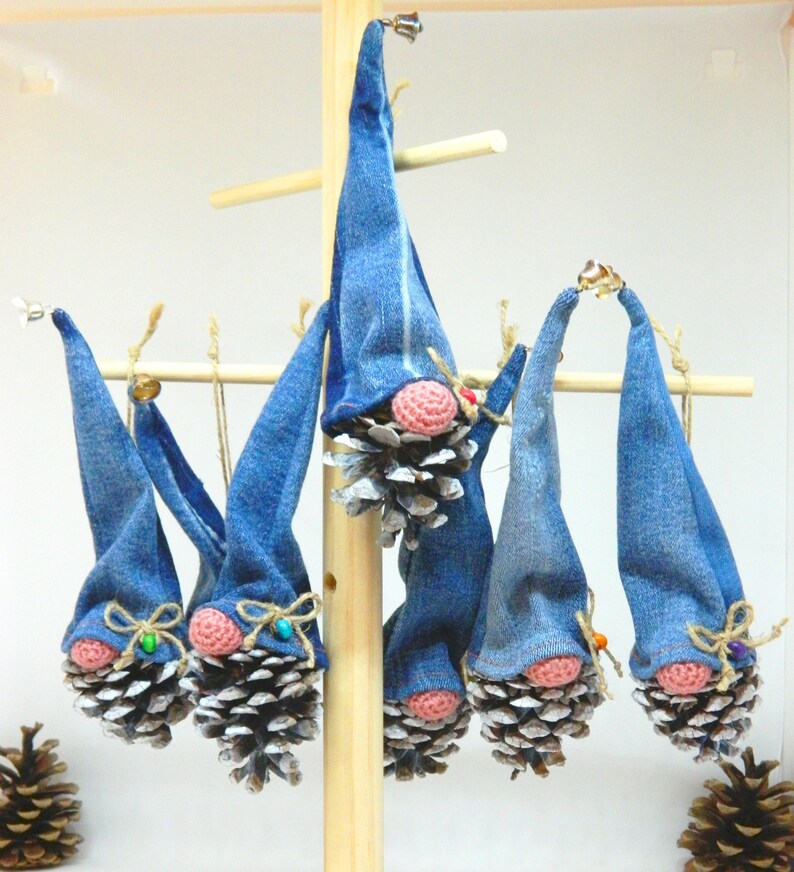 Upcycled Denim Hanging Christmas Gnomes Ornaments, Handmade Pine Cone