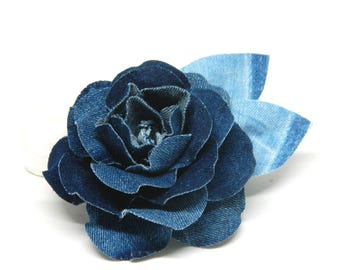 Recycled Denim Rose Brooch: Upcycled Blue Jean Flower Pin