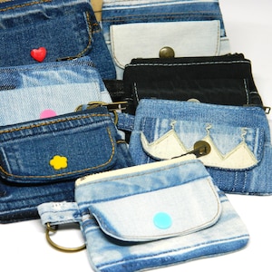 Porte-monnaie fait main en denim recyclé, anneau porte-clés, porte-cartes en jean, petite pochette zippée en textile, pochette pour clés en tissu, porte-monnaie plat à fermeture éclair