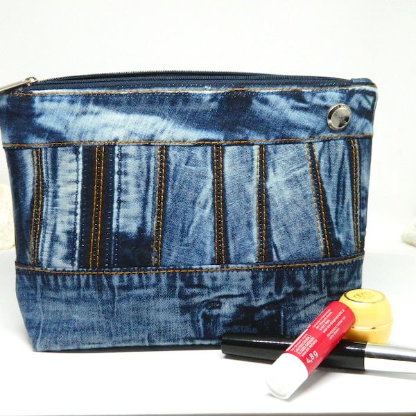 Handmade Cosmetic Bag From Upcycled Denim, Everyday Cosmetic Wallet, Upcycled Denim Purse, Recycled Denim Case, Patchwork Blue Jeans Pouch