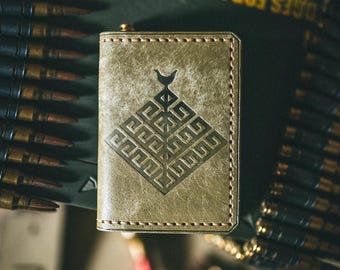 Yggdrasil World Tree of Nine Worlds in Norse Mythology Card Holder, Pueblo Leather, Olive Green