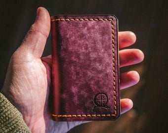Minimalistische Lila Geldbörse | Leder-Kartenhalter | Pflanzlich gegerbt | Kleine Geldbörse | Nordisches Design