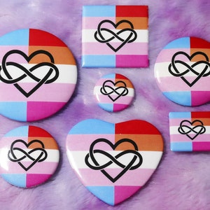 Polytransbian / Polyamory Transgender Lesbian Pride Buttons | Various Sizes | Pin-Back, Magnet, Bottle Opener, Phone Grip Buttons