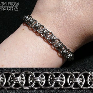 May include: A silver chainmail bracelet with an intricate interlocking ring design. The bracelet is displayed on a wrist, with a close-up view of the chainmail pattern below. The Faerie Fire Design logo is in the upper left corner.